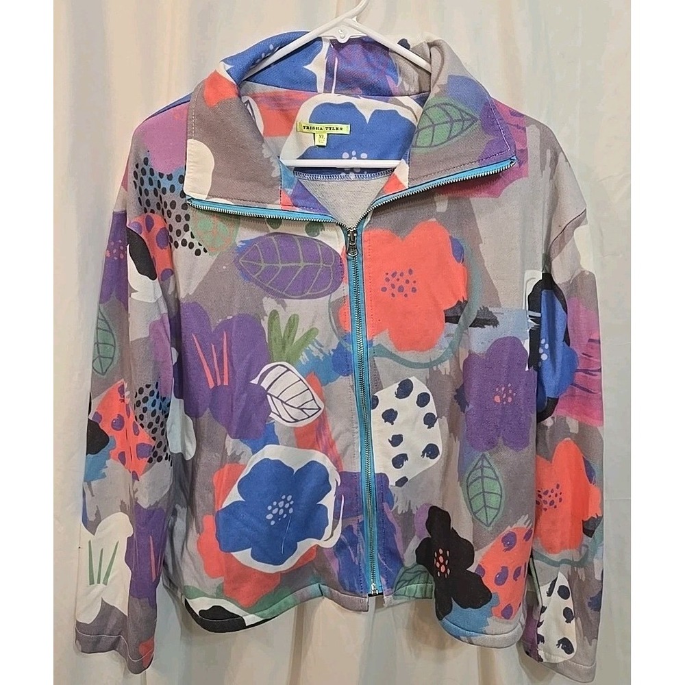 Trisha Tyler Full-zip Sweater Sweatshirt Floral Multicolor Pockets Women's Sz XL